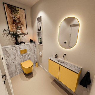 MONDIAZ TURE-DLUX Meuble toilette - 80cm - Ocher - EDEN - vasque Glace - position centrale - sans trou de robinet