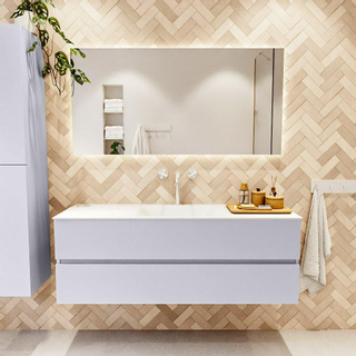 Mondiaz VICA ensemble de meuble de salle de bain - 140cm - meuble sous-vasque cale - 2 tiroirs - lavabo cloud milieu - 1 trou de robinet - couleur talc - miroir LED - version XL 60cm haut