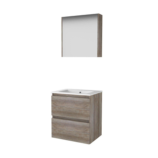 Basic-Line Comfort 46 ensemble de meubles de salle de bain 60x46cm sans poignée 2 tiroirs lavabo en porcelaine 1 trou de robinet armoire de toilette mfc scotch oak