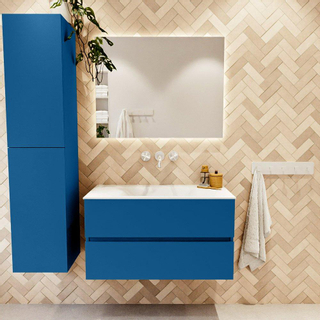 Mondiaz VICA ensemble de meuble de salle de bain - 90cm - meuble sous-vasque jeans - 2 tiroirs - lavabo cloud milieu - sans trous de robinet - couleur talc - miroir LED - version XL 60cm de haut