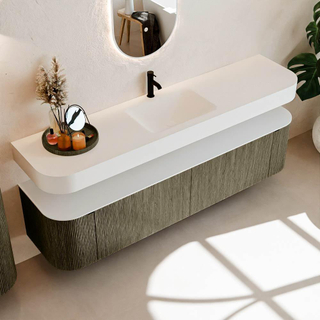 MONDIAZ THOR 190cm meuble de salle de bains arrondi gauche + droite couleur Shadow avec 2 tiroirs et 2 portes. Vasque suspendue CLOUD Milieu 1 trou de robinet couleur Talc.