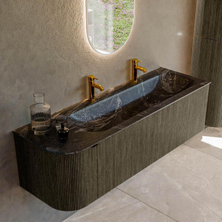 Mondiaz KURVE-DLUX Ensemble de meuble salle de bain - 145x46x40cm - 1 tiroir - 1 porte - lavabo en solid surface - droite - 2 trous de robinet - Shadow