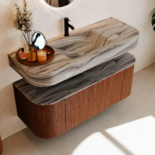 MONDIAZ THOR-DLUX 120cm meuble de salle de bains arrondi gauche + droite couleur Ruby avec 1 tiroir et 2 portes. Vasque suspendue CLOUD Milieu 1 trou de robinet couleur Sombra.