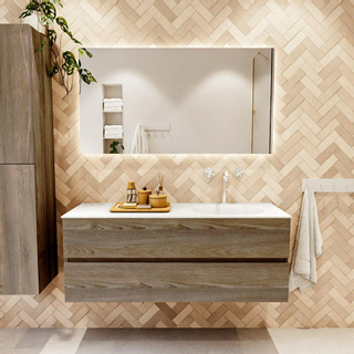 Mondiaz VICA ensemble de meuble de salle de bain - 130cm - meuble sous-vasque marron foncé gris - 2 tiroirs - lavabo lune droite - 1 trou de robinet - couleur talc - miroir LED - version XL 60cm de haut