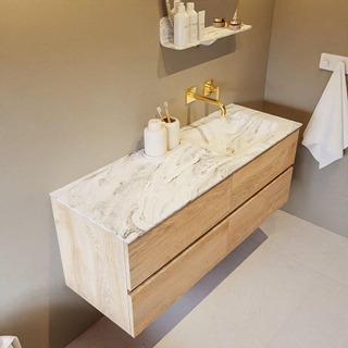 Mondiaz VICA-DLUX ensemble de meuble de salle de bain - 130cm - meuble sous-vasque chêne blanchi - 4 tiroirs - lavabo encastré cloud droite - sans trous de robinet - version haute de 60cm - glace