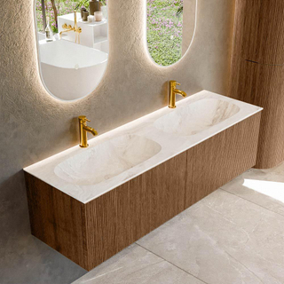 MONDIAZ KURVE-DLUX 150cm Meuble salle de bain - couleur Walnut - 2 tiroirs - vasque STOR SMALL double - 2 trous de robinet - couleur Frappe