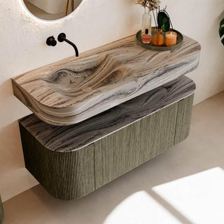 MONDIAZ THOR-DLUX 120cm meuble de salle de bains arrondi gauche + droite couleur Shadow avec 1 tiroir et 2 portes. Vasque suspendue CLOUD Gauche sans trou de robinet couleur Sombra.