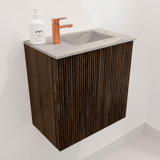 Mondiaz JOYA-DLUX 40cm toiletmeubel - kleur Walnut - Wastafel FAYE positie Rechts 1 kraangat kleur Glace.