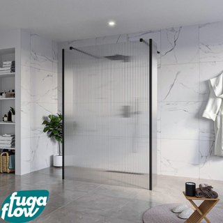 FugaFlow Eccelente Vetro Vrijstaande inloopdouche badkamer - 140x200cm - Helder geribbeld - antikalk - 8mm veiligheidsglas - 2 zijwanden 30cm - met wandarmen en hoekprofielen - Zwart mat -