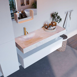 Mondiaz ALAN-DLUX Ensemble de meuble - 130cm - meuble Talc mat - 1 tiroir - Lavabo Cloud Ostra suspendu - vasque Gauche - 1 trou de robinet