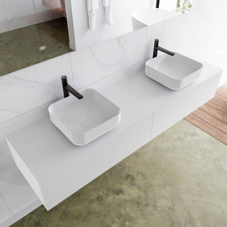 Mondiaz Lagom Meuble salle de bains 180x30.9x45cm Solid Surface Talc 2 tiroirs avec lavabo BINX vasque à poser double Gauche et droite 2 trous de robinet