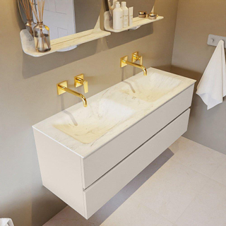 Mondiaz VICA-DLUX ensemble de meuble de salle de bain - 130cm - meuble sous-vasque lin - 2 tiroirs - lavabo encastré cloud double - sans trous de robinet - miroir modèle spot - version XL 60cm de haut - opalo