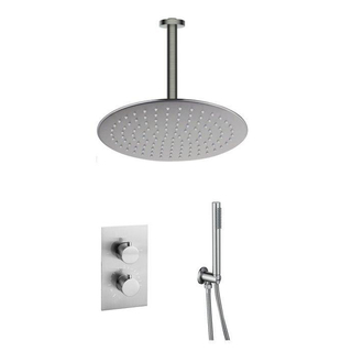 Fortifura Calvi Ensemble de douche pluie encastrable - thermostatique - bras plafond - pommeau 25cm - douchette stick - flexible lisse - Inox brossé