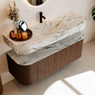 MONDIAZ THOR-DLUX 130cm meuble de salle de bains arrondi gauche + droite couleur Walnut avec 1 tiroir et 2 portes. Vasque suspendue CLOUD Milieu 1 trou de robinet couleur Glace.