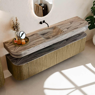 MONDIAZ THOR-DLUX Meuble de salle de bains 190cm arrondi gauche + droite couleur Dusk avec 2 tiroirs et 2 portes. Vasque suspendue CLOUD Milieu sans trou de robinet couleur Sombra.