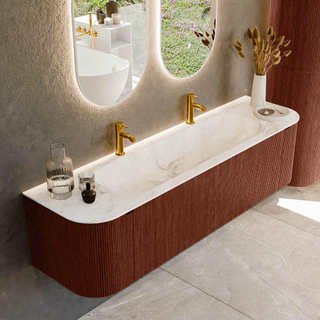 Ensemble de meuble de salle de bain Mondiaz KURVE-DLUX - 170x46x40cm - 1 tiroir - 2 portes - lavabo en solid surface - milieu - 2 trous de robinet - Ruby