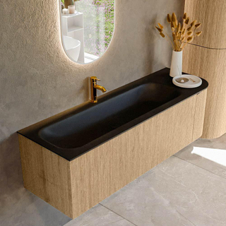 MONDIAZ KURVE 145cm Meuble salle de bain avec module 25 D - couleur Oak - 1 tiroir - 1 porte - vasque BIG LARGE gauche - 1 trou de robinet - Urban