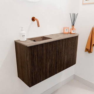 Mondiaz JOYA-DLUX 81.6cm toiletmeubel - ronding rechts kleur Walnut - Wastafel FAYE positie Links Zonder kraangat kleur Arena.