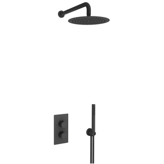 Fortifura Calvi Ensemble de douche pluie encastrable - thermostatique - bras mural - pommeau 25cm - douchette stick - flexible en métal - Noir mat