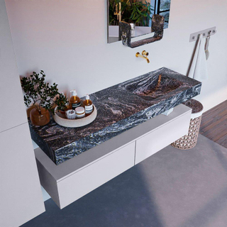 Mondiaz ALAN-DLUX Ensemble de meuble - 150cm - meuble Cale mat - 2 tiroirs - Lavabo Cloud Lava suspendu - vasque Droite - 0 trous de robinet