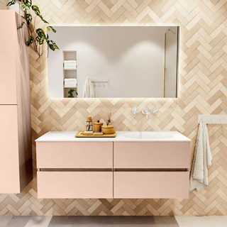Mondiaz VICA ensemble de meuble de salle de bain - 130cm - meuble sous-vasque rosee - 4 tiroirs - lavabo moon droite - sans trous de robinet - version haute de 60cm - talc