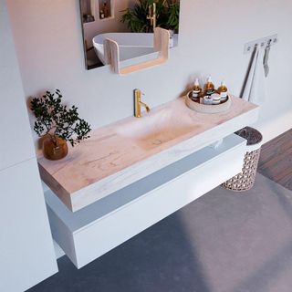 Mondiaz ALAN-DLUX Ensemble de meuble - 150cm - meuble Talc mat - 1 tiroir - Lavabo Cloud Ostra suspendu - vasque Centre - 1 trou de robinet