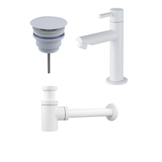 FugaFlow Eccelente Ensemble robinetterie de fontaine en fonte avec robinet de fontaine sur pied bas, bouchon toujours ouvert et siphon design Mat Blanc