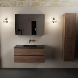 Mondiaz AIVY Ensemble de meuble - 100x45x50cm - 0 trous de robinet - 1 vasque Urban Solid surface - Centre - 2 tiroirs - avec armoire de toilette - Melamine Mocha
