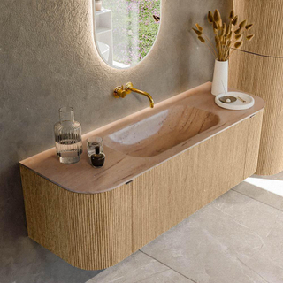 MONDIAZ KURVE-DLUX 140cm badmeubel ronding Links + Rechts kleur Oak met 1 lade en 2 deuren. Wastafel BIG SMALL Midden zonder kraangat Saba.