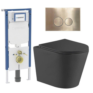 QeramiQ Dely Toiletset - 36.3x51.7cm - diepspoel - rimless - Geberit UP720 inbouwreservoir - softclose toiletzitting - geborsteld messing bedieningsplaat - ronde knoppen - zwart mat
