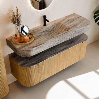 MONDIAZ THOR-DLUX 140cm meuble de salle de bains arrondi gauche + droite couleur Oak avec 1 tiroir et 2 portes. Vasque suspendue CLOUD Milieu 1 trou de robinet couleur Oza.