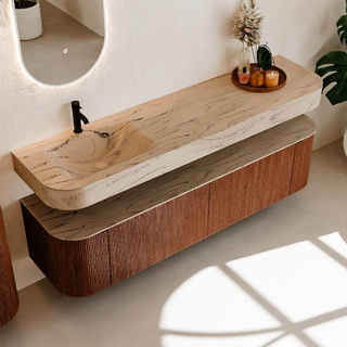 MONDIAZ THOR-DLUX 180cm meuble de salle de bains arrondi gauche + droite couleur Ruby avec 2 tiroirs et 2 portes. Vasque suspendue CLOUD Gauche 1 trou de robinet couleur Arena.