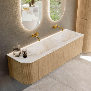 MONDIAZ KURVE-DLUX 155cm Meuble salle de bain avec module 25 G - couleur Oak - 2 tiroirs - 1 porte - vasque LEAF double / droite - sans trou de robinet - couleur Frappe