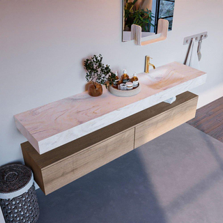 Mondiaz ALAN-DLUX Ensemble de meuble - 200cm - meuble Washed Oak mat - 2 tiroirs - Lavabo Cloud Ostra suspendu - vasque Droite - 1 trou de robinet