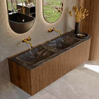 MONDIAZ KURVE-DLUX 145cm Meuble salle de bain avec module 25 D - couleur Walnut - 1 tiroir - 1 porte - vasque LEAF double / gauche - sans trou de robinet - couleur Lava