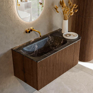 MONDIAZ KURVE-DLUX 95cm Meuble salle de bain avec module 25 D - couleur Walnut - 1 tiroir - 1 porte - vasque BIG SMALL gauche - sans trou de robinet - couleur Lava