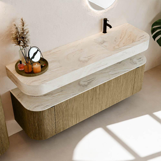 MONDIAZ THOR-DLUX 160cm meuble de salle de bains arrondi gauche + droite couleur Dusk avec 1 tiroir et 2 portes. Vasque suspendue CLOUD Droite 1 trou de robinet couleur Ostra.