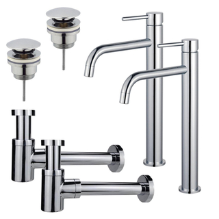 FugaFlow Eccelente Sobrado Slim Kit robinet lavabo - pour double vasque - robinet rehaussé - bonde clic clac - siphon design bas - Chrome brillant