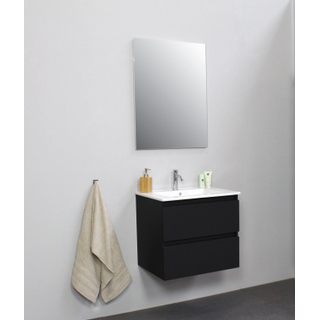 Basic Line Bella Badkamermeubelset - 60x55x46cm - 1 wasbak - Keramiek - Wit - 1 kraangat - Wandspiegel zonder verlichting - Melamine Zwart mat