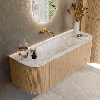 MONDIAZ KURVE-DLUX 130cm Meuble salle de bain avec module 25 G et D - couleur Oak - 1 tiroir - 2 portes - vasque BIG SMALL centre - sans trou de robinet - couleur Glace