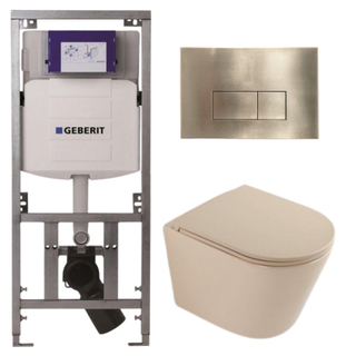 QeramiQ Dely Pack WC - 36.3x51.7cm - à fond creux - sans bride - réservoir encastré Geberit UP320 - abattant WC à fermeture douce - plaque de déclenchement en laiton brossé - boutons rectangulaires - beige mat