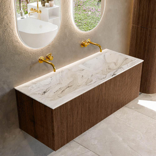 MONDIAZ KURVE-DLUX 120cm Meuble salle de bain - couleur Walnut - 1 tiroir - vasque LEAF double - sans trou de robinet - couleur Glace