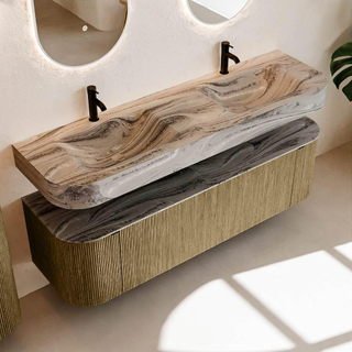 MONDIAZ THOR-DLUX 160cm meuble de salle de bains arrondi gauche + droite couleur Dusk avec 1 tiroir et 2 portes. Vasque suspendue CLOUD Double 2 trous de robinet couleur Sombra.