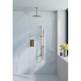 Fortifura Calvi Ensemble de douche pluie encastrable - thermostatique - bras plafond - pommeau 25cm - barre curseur - douchette stick - flexible lisse - Laiton brossé (doré)