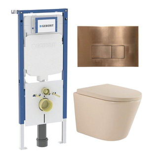QeramiQ Dely Toiletset - 36.3x51.7cm - diepspoel - rimless - Geberit UP720 inbouwreservoir - softclose toilet zitting 35 mm - koperen bedieningsplaat - rechthoekige knoppen - mat beige