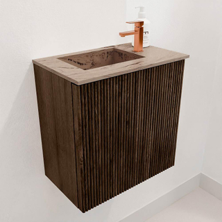 Mondiaz JOYA-DLUX 40cm toiletmeubel - kleur Walnut - Wastafel FAYE positie Links 1 kraangat kleur Arena.