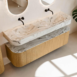 MONDIAZ THOR-DLUX Meuble de salle de bains 160cm arrondi gauche + droite couleur Oak avec 1 tiroir et 2 portes. Vasque suspendue CLOUD Double sans trou de robinet couleur Glace.