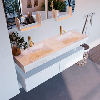 Mondiaz ALAN-DLUX Ensemble de meuble - 150cm - meuble Talc mat - 2 tiroirs - Lavabo Cloud Ostra suspendu - vasque Gauche et droite - 2 trous de robinet