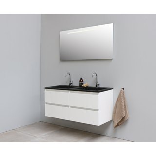 Basic Bella Meuble salle de bains avec lavabo acrylique avec miroir et éclairage Noir 120x55x46cm 2 trous de robinet Blanc brillant