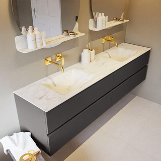 Mondiaz VICA-DLUX ensemble de meuble de salle de bain - 200cm - meuble sous-vasque gris foncé - 4 tiroirs - lavabo encastré cloud double - sans trous de robinet - version haute de 60cm - opalo